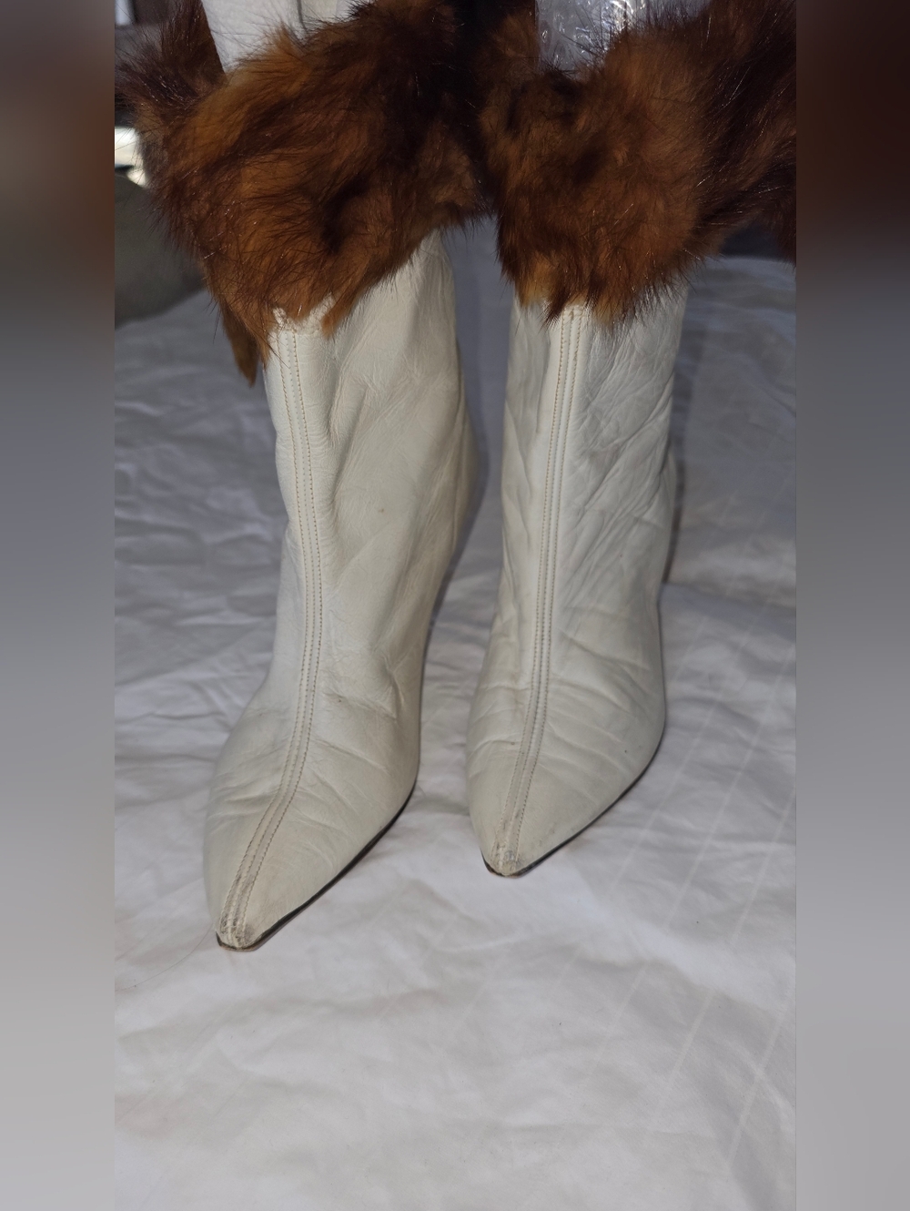 White Leather Pointed-Toe Fur-Trim Boots